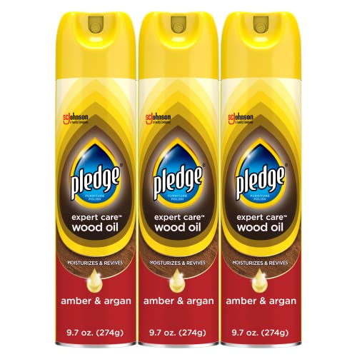 Pledge Moisturizing Wood Oil, Furniture Reviving & Protecting Conditioner and Dusting Spray, Revitalizes Wood, Sealed Leather & Laminate, Made with Mineral Oils - Amber & Argan Scent, 9.7oz, Pack of 3
