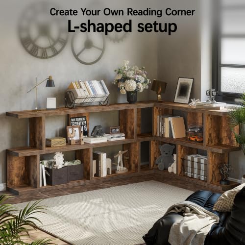 63" Low Bookcase Long Bookshelf, Wide Storage Shelves, Rustic Brown, view 5