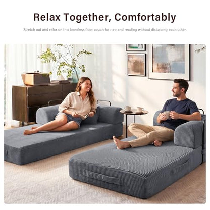 79" Convertible Sofa Bed, 5-in-1 Corduroy Boneless Couch Bed Sofa Pull Out, Memory Foam Couch, No Assembly Futon Couches for Living Room Dark Grey