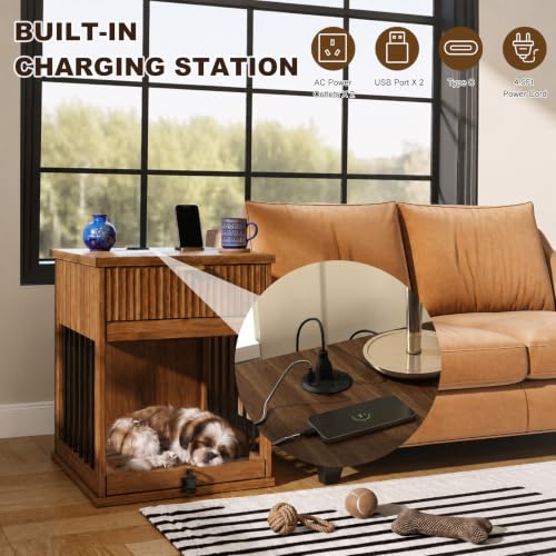 27.6" W Dog Crate Furniture, Wooden Indoor Dog Kennel with Charging Station, view 5