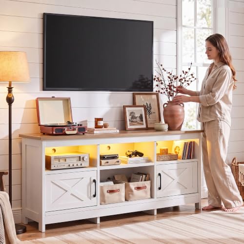White & Walnut TV Console, Farmhouse, for 65" Screens, view 5