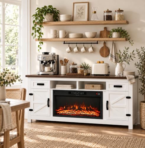 Farmhouse Fireplace TV Stand with Barn Door, 80 inch, White, view 7
