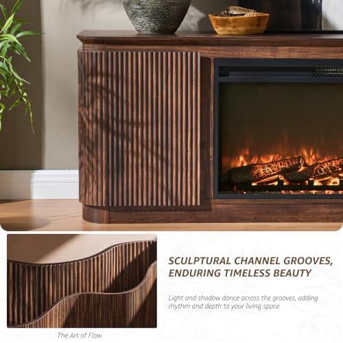 70" Fluted TV Stand with 36" Electric Fireplace, Dark Walnut Oak, view 7