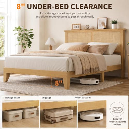 Eclectic Rattan Bed Frame with Natural Headboard & RGB LED Lights, Full Size, view 6