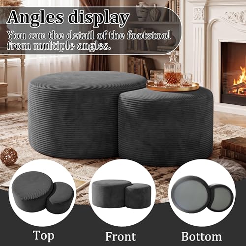 Boneless Ottoman Nesting Coffee Table Set of 2,Corduroy Soft Foot Rest Movable LargePouf Footstool for Living Room Sofa Couch Bedroom Entryway and Small Spaces No Assembly (Dark Gray)