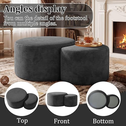 Boneless Ottoman Nesting Coffee Table Set of 2,Corduroy Soft Foot Rest Movable LargePouf Footstool for Living Room Sofa Couch Bedroom Entryway and Small Spaces No Assembly (Dark Gray)