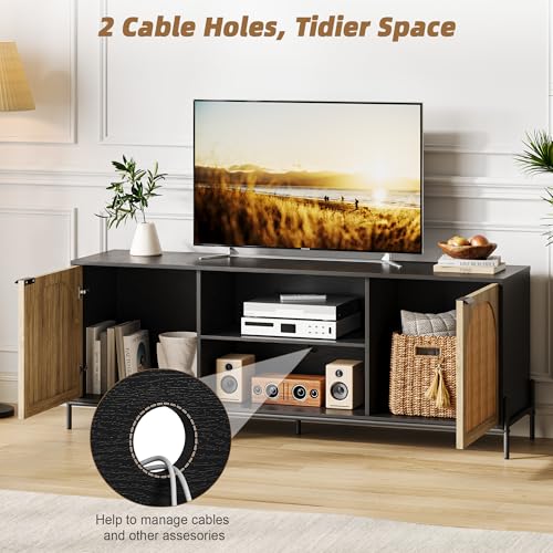 Rattan TV Stand for 75" TV with Storage, 65" Console Table with Metal Legs, view 6