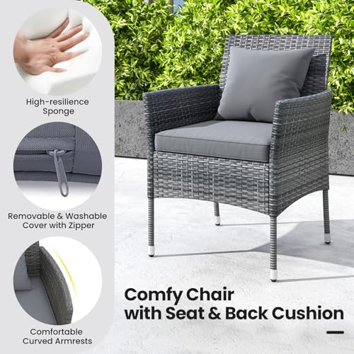 3 Pieces Patio Furniture Set, PE Rattan Outdoor Conversation Set with Tempered Glass Table & Soft Cushions, Wicker Bistro Set for Garden, Porch, Balcony (Grey)