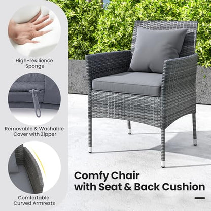 3 Pieces Patio Furniture Set, PE Rattan Outdoor Conversation Set with Tempered Glass Table & Soft Cushions, Wicker Bistro Set for Garden, Porch, Balcony (Grey)