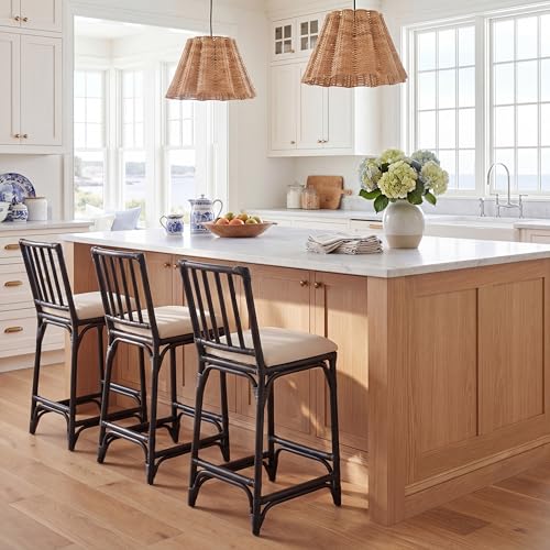 SAFAVIEH Furniture - Amal 23.6" Seat Height Counter Stool - White & Black - Handwoven Rattan Design - Fully Assembled - Ideal for Kitchen, Dining Room & Kitchen Island (BST6510C)