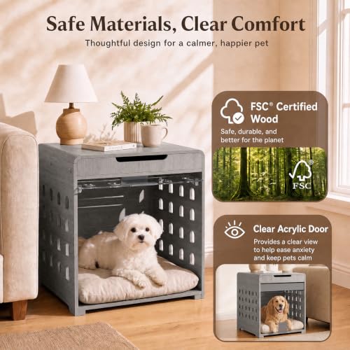 Modern Dog Crate Furniture Wooden Kennel Charging Station End Table Grey, view 7