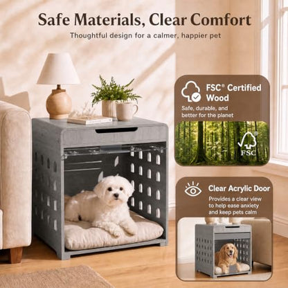 Modern Dog Crate Furniture Wooden Kennel Charging Station End Table Grey, view 7