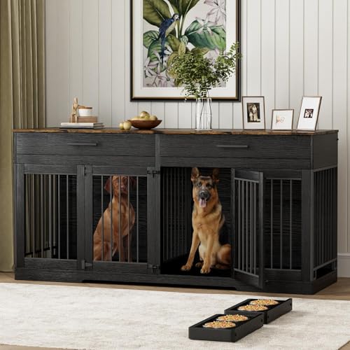 72" Double Dog Crate Furniture with Drawers and Divider, Black, view 2