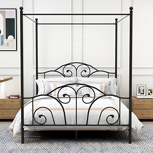 Queen Size Four-Poster Metal Canopy Bed Frame, Black, view 4