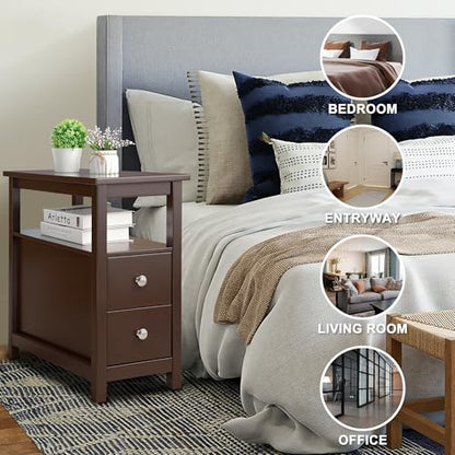 End Table Set of 2, Slim Side Table with 2 Drawers and Storage Shelf, 3 Tier Sofa Couch Table for Living Room Bedroom Apartment Small Spaces, Espresso