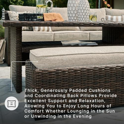 Signature Design by Ashley Brook Ranch Outdoor Sectional, All‑Weather Resin Wicker Patio Furniture With High‑Performance Cushions, Durable Aluminum Frame, Neutral