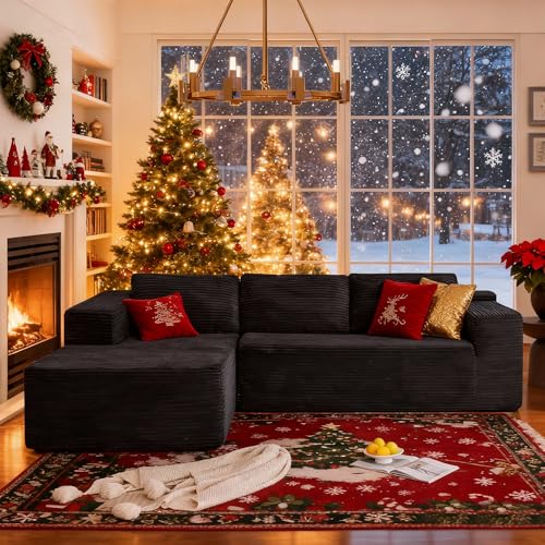 106" Cloud Sectional Couch with Chaise Lounge, L-Shape Modular Sectional Boneless Sofa with Deep Seat, Upholstered Couches for Living Room Bedroom, No Assemble, Black (Plush Corduroy Fabric)