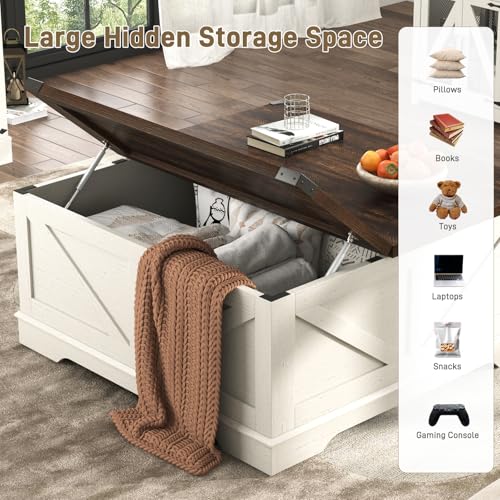 40” Large Farmhouse Lift Top Coffee Table with Power Outlets and Large Hidden Storage, Square Wood Living Room Tables, Multi-Function Lift Wooden Barn Door Center Table, Rustic White