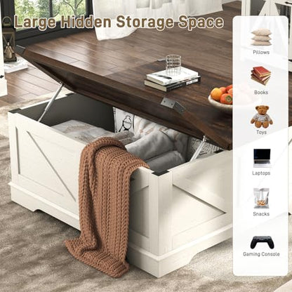 40” Large Farmhouse Lift Top Coffee Table with Power Outlets and Large Hidden Storage, Square Wood Living Room Tables, Multi-Function Lift Wooden Barn Door Center Table, Rustic White