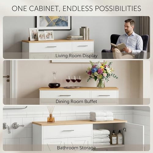 Sideboard Buffet Cabinet with Storage, Kitchen Storage Cabinet with 3 Doors and 2 Drawers, Farmhouse Coffee Bar with Adjustable Shelf for Living Room, White&Yellow