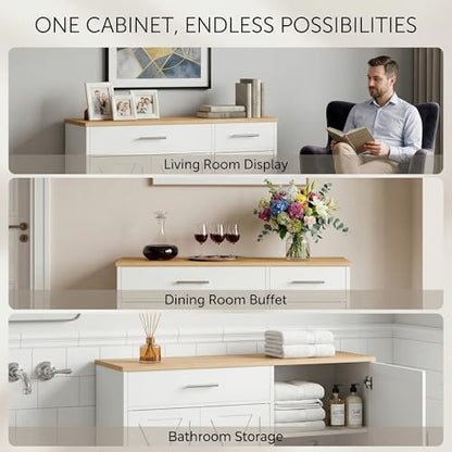 Sideboard Buffet Cabinet with Storage, Kitchen Storage Cabinet with 3 Doors and 2 Drawers, Farmhouse Coffee Bar with Adjustable Shelf for Living Room, White&Yellow