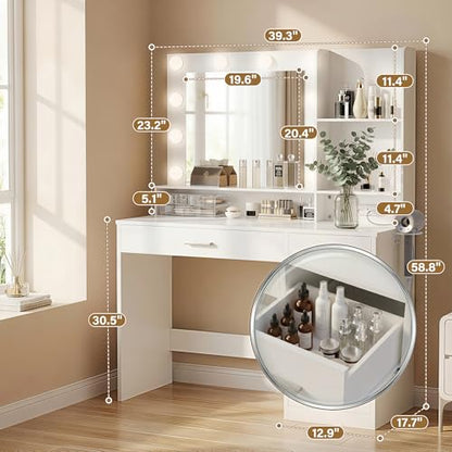 39 Inch Vanity Desk with Mirror and LED Lights, Modern White, view 4