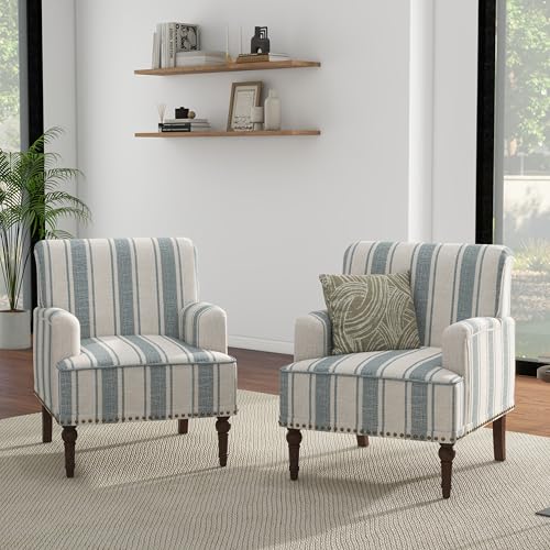 Stripe Accent Chairs Set of 2, Living Room Arm Chair Modern Nailhead Trim Club Armchair, Comfy Upholstered Sofa Lounge Seat Reading Seat Bedroom Side Seating for Home Office, Blue