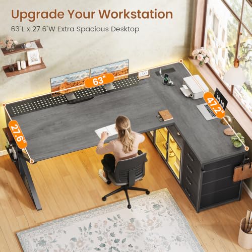 63"x27.6" L Shaped Gaming Desk with 4 Drawers Storage, Grey, view 4