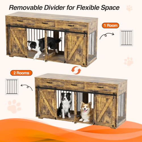 71" Double Dog Crate Furniture with 3 Drawers, view 6