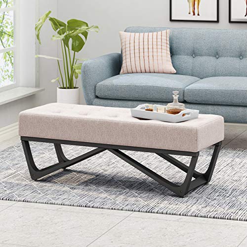 GDFStudio Noble House Assisi Contemporary Fabric Ottoman Bench in Beige and Black