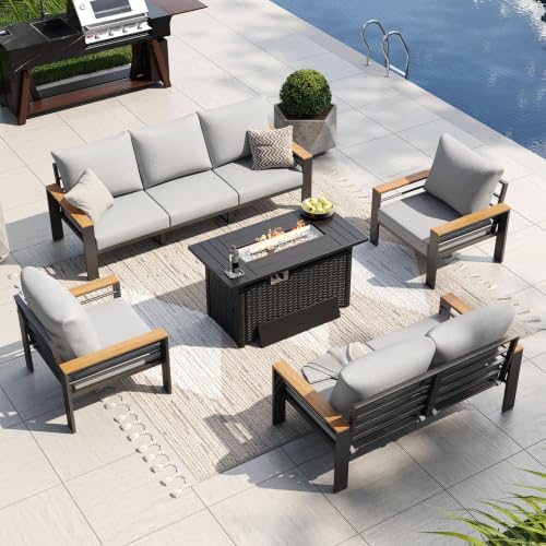 Patio Furniture Set, Aluminum Patio Set with Fire Pit Table and 5" Thicken & Washable Cushion, Waterproof Outdoor Furniture, Outdoor Couch Sectional for Backyard (7 Seats/F, Grey)