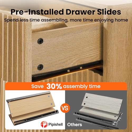Fluted Dresser for Bedroom, Wide Wooden Dresser with 6 Deep Drawers, Closet Storage Organizer with Round Corner & Pre-Installed Slides, Modern Chests of Drawers for Bedroom, Natural Oak