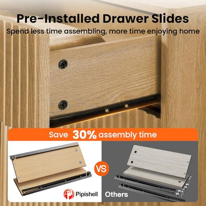 Fluted Dresser for Bedroom, Wide Wooden Dresser with 6 Deep Drawers, Closet Storage Organizer with Round Corner & Pre-Installed Slides, Modern Chests of Drawers for Bedroom, Natural Oak