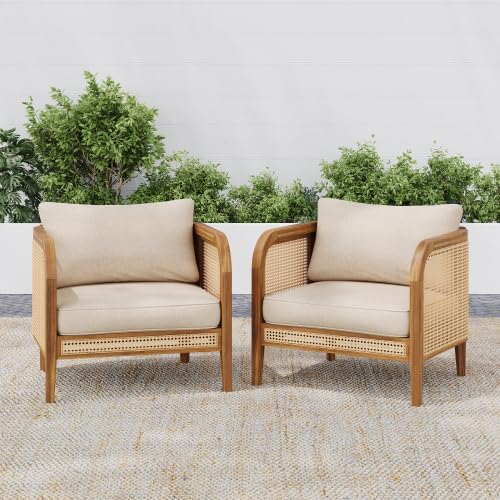 Set of 2 Tilden Bohemian Acacia Wood Patio Accent Chairs, Wicker Lounge Chair Outdoor, Patio Furniture Single Sofa with Cushion, Comfy Garden Reading Chair, Teak+Beige