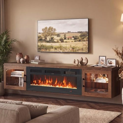 70" Floating TV Stand with Fireplace, Brown, view 4