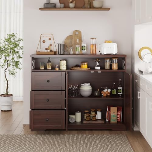 47" Dark Brown Farmhouse Storage Cabinet with Barn Doors and Drawers | Sideboard Buffet Cabinet with Storage, Kitchen Pantry Hutch, Coffee Bar Station Table for Kitchen, Living, Dining Room