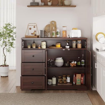 47" Dark Brown Farmhouse Storage Cabinet with Barn Doors and Drawers | Sideboard Buffet Cabinet with Storage, Kitchen Pantry Hutch, Coffee Bar Station Table for Kitchen, Living, Dining Room