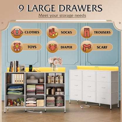 White Dresser TV Stand 9 Drawers, Fabric Chest of Drawers LED Lights, view 7
