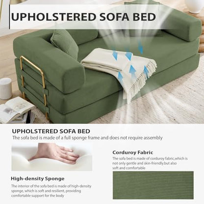 Convertible Folding Sofa Bed, Modern Futon Sleeper Sofa Fold Out Couch Bed with Gold Fixed Frame, Modular Floor Sofas Comfy Corduroy Boneless Couches for Living Room (78" Green)