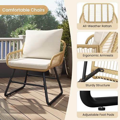 Yaheetech 3 Piece Patio Bistro Set, Outdoor Wicker Bistro Furniture Sets | 2 Rattan Chairs and Glass Top Table for Patio, Balcony, Porch, Poolside, Backyard, Tan/Cream