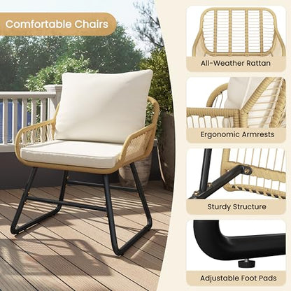 Yaheetech 3 Piece Patio Bistro Set, Outdoor Wicker Bistro Furniture Sets | 2 Rattan Chairs and Glass Top Table for Patio, Balcony, Porch, Poolside, Backyard, Tan/Cream