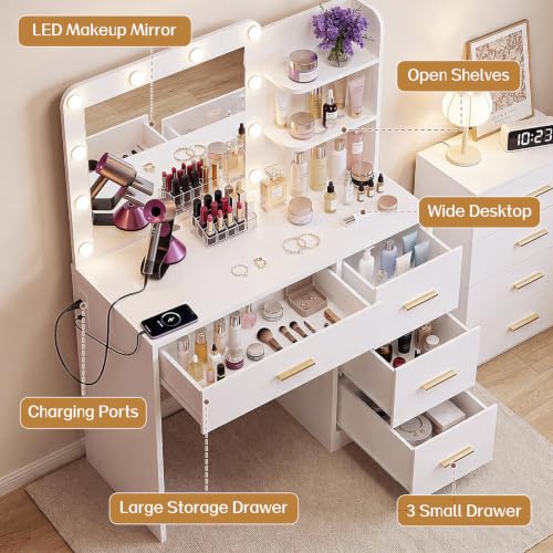 White Vanity Desk with Lighted Mirror and 4 Drawers, view 4
