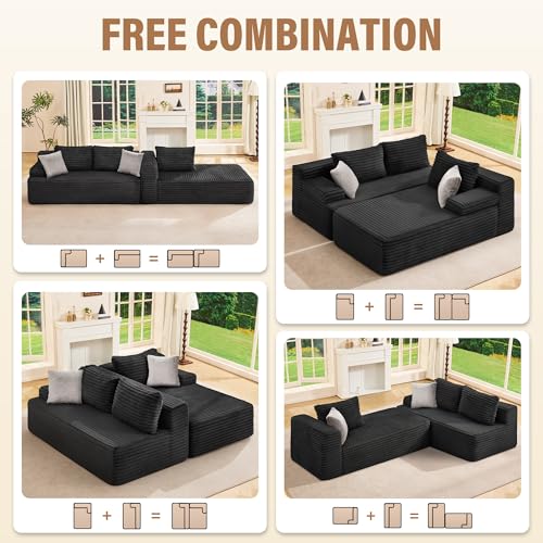 Boneless Couch Modular Sectional Sofa L-Shape Cloud Couch Lounge | 96" Right Facing Chaise Black,Memory Foam,Removable Cover,Non-slip Bottom,No Assemble Required,Furniture for Small Home