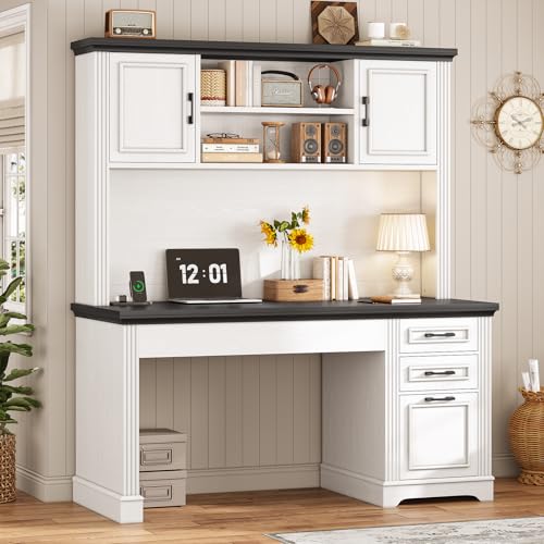 Farmhouse Computer Desk with Hutch and 3 Drawers, 47.2" Executive Office Desk with Storage Drawers, Wood Desk with Power Outlet for Home Office, White
