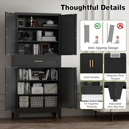 71" Tall Metal Storage Cabinet with 4 Doors and 4 Adjustable Shelves, 6-Tier Farmhouse Storage Cabinet with Drawers and Legs, for Office, Home, Garage, Gym, School, Living Room, Hallway（Black）