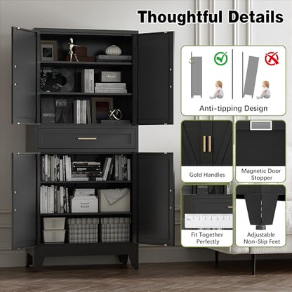 71" Tall Metal Storage Cabinet with 4 Doors and 4 Adjustable Shelves, 6-Tier Farmhouse Storage Cabinet with Drawers and Legs, for Office, Home, Garage, Gym, School, Living Room, Hallway（Black）