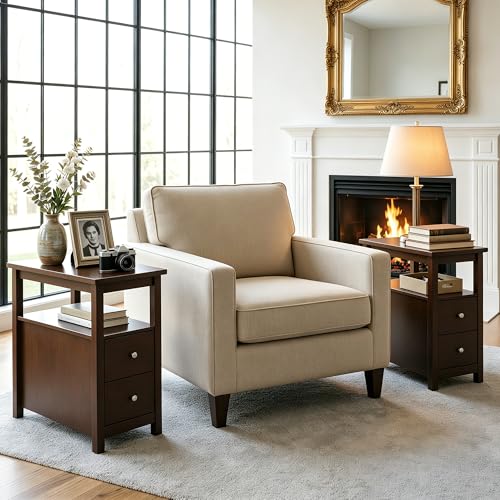 End Table Set of 2, Slim Side Table with 2 Drawers and Storage Shelf, 3 Tier Sofa Couch Table for Living Room Bedroom Apartment Small Spaces, Espresso