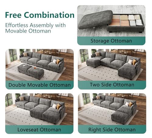 Modular Sectional U Shaped Sofa Couches for Living Room, Cloud Couch with Storage Ottoman, Comfy Chenille Sofa with Pillow, Dark Gray