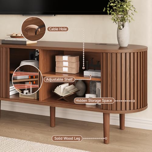 70" TV Stand with Power Outlet & Wood Leg for TVs up to 79", Walnut, view 5