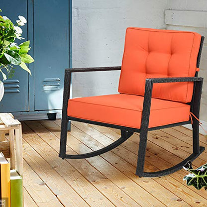 Wicker Rocking Chair, Outdoor Rattan Rocker Chair with Heavy-Duty Steel Frame, Patio Furniture Seat with 5” Thick Cushion for Garden, Porch, Backyard, Poolside (1, Orange)